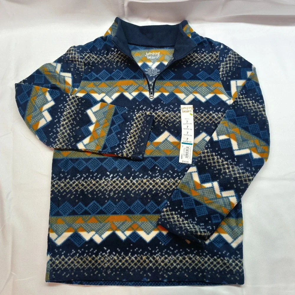Jumping Beans Boys 7 Blue Fair Isle Microfleece Quarter Zip Pullover Mock‎ Neck